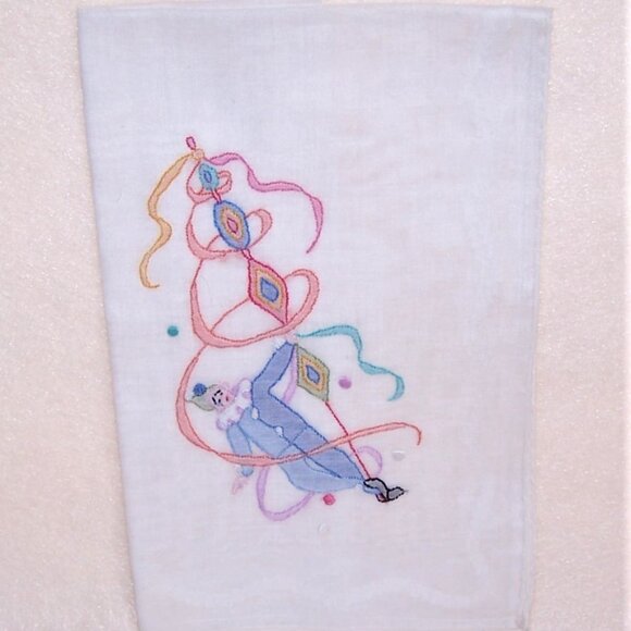 Vintage Embroidered Cotton Hanky - Pierrot Jester Clown with Flag Pole - Picture 3 of 4